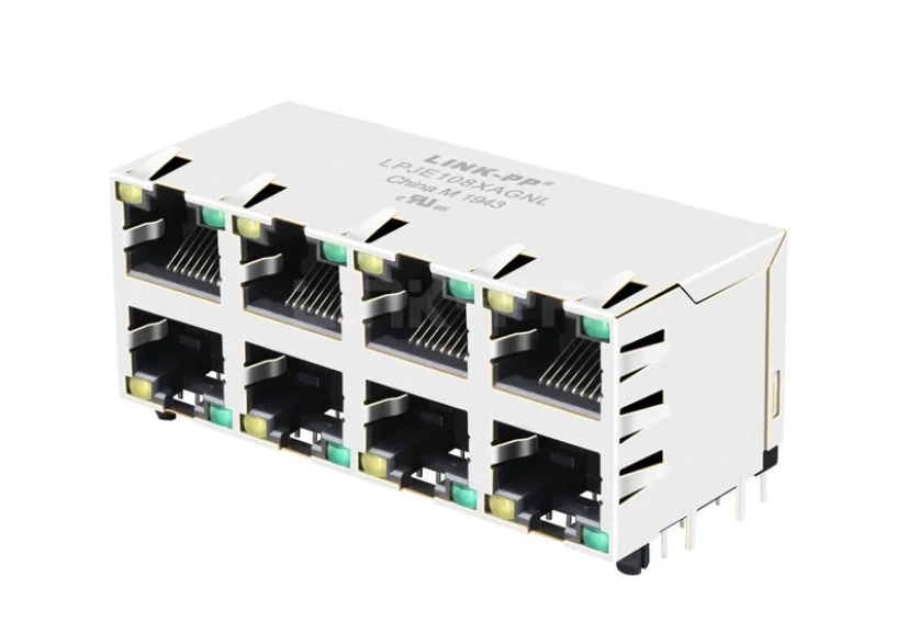 LPJE108XAGNL Tab Up Yellow Green LED 2X4 Port RJ45 Jack Connector without Integrated Magnetics